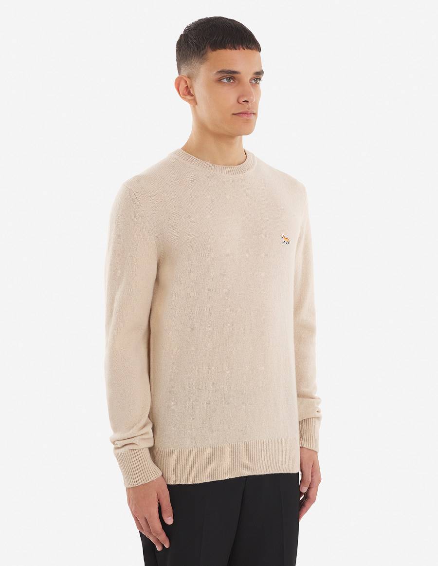 Beige Men's Maison Kitsune Baby Fox Patch Cosy R-neck Sweaters | AU-G0945