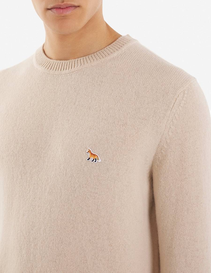 Beige Men's Maison Kitsune Baby Fox Patch Cosy R-neck Sweaters | AU-G0945