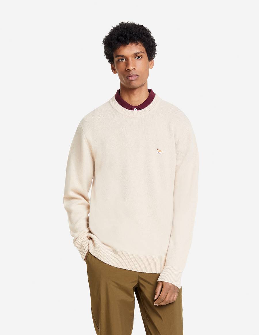 Beige Men's Maison Kitsune Baby Fox Patch Cosy R-neck Sweaters | AU-M0562