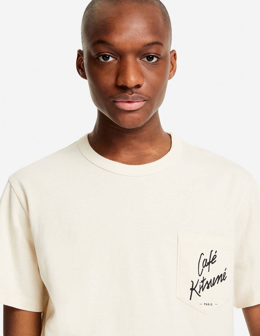 Beige Men's Maison Kitsune Cafe Kitsune Classic Pocket T Shirts | AU-H0453