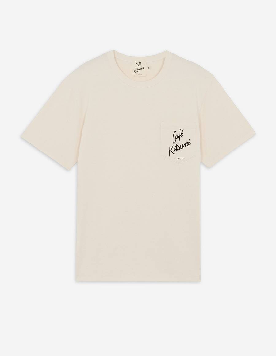 Beige Men\'s Maison Kitsune Cafe Kitsune Classic Pocket T Shirts | AU-H0453