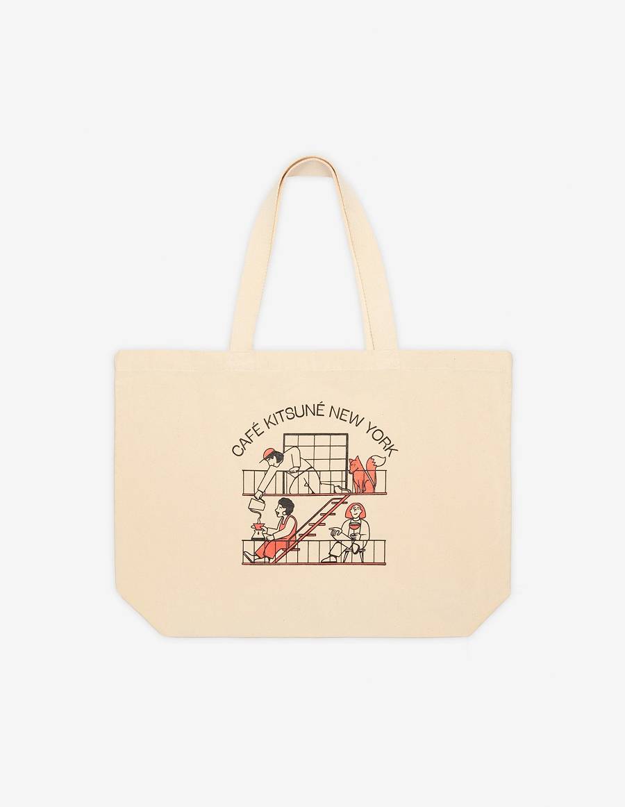 Beige Men\'s Maison Kitsune Cafe New York Classic Tote Bags | AU-G0443