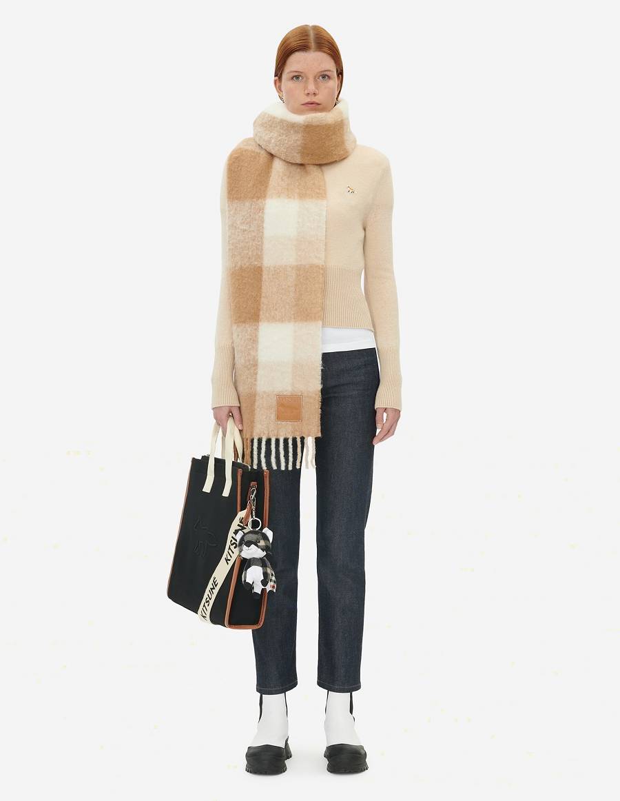 Beige Men's Maison Kitsune Check Fringed Scarf | AU-S0270