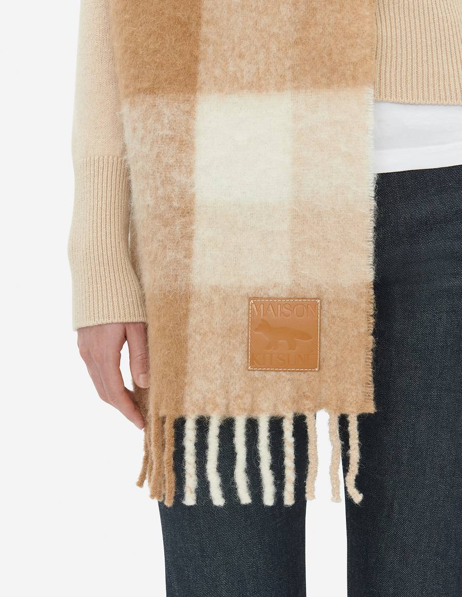 Beige Men's Maison Kitsune Check Fringed Scarf | AU-S0270