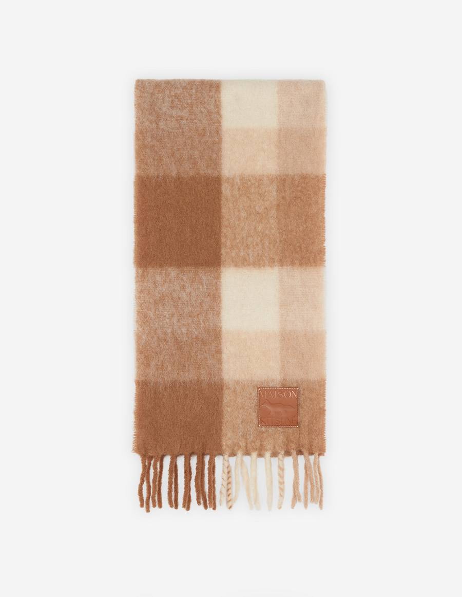 Beige Men\'s Maison Kitsune Check Fringed Scarf | AU-S0270