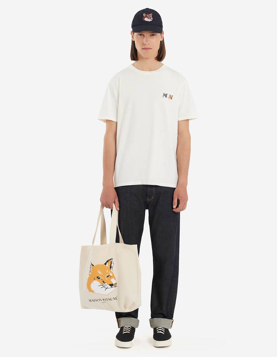 Beige Men's Maison Kitsune Double Fox Head Patch Classic T Shirts | AU-M475