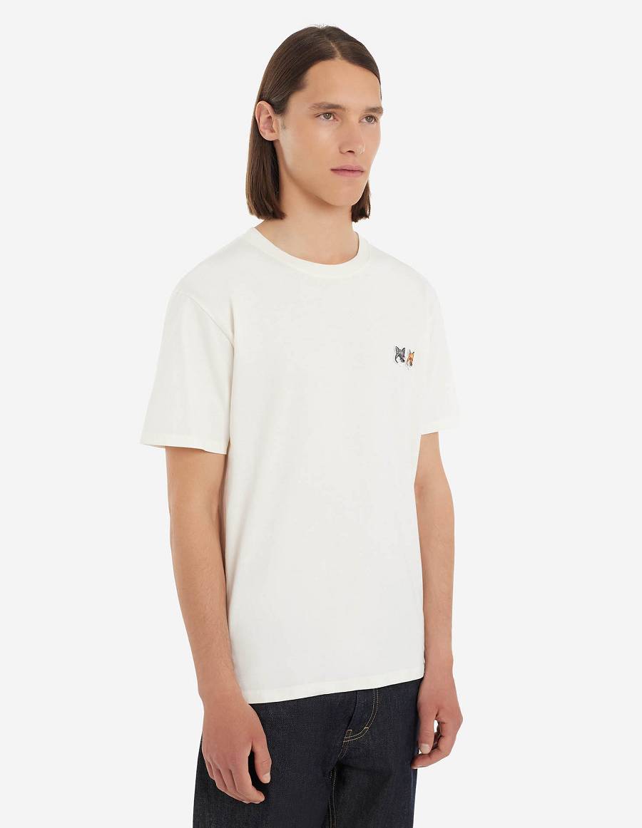 Beige Men's Maison Kitsune Double Fox Head Patch Classic T Shirts | AU-M475