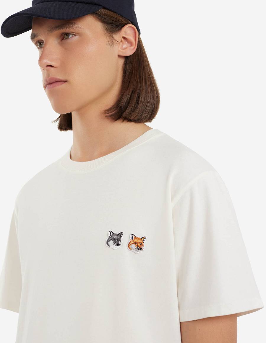 Beige Men's Maison Kitsune Double Fox Head Patch Classic T Shirts | AU-M475