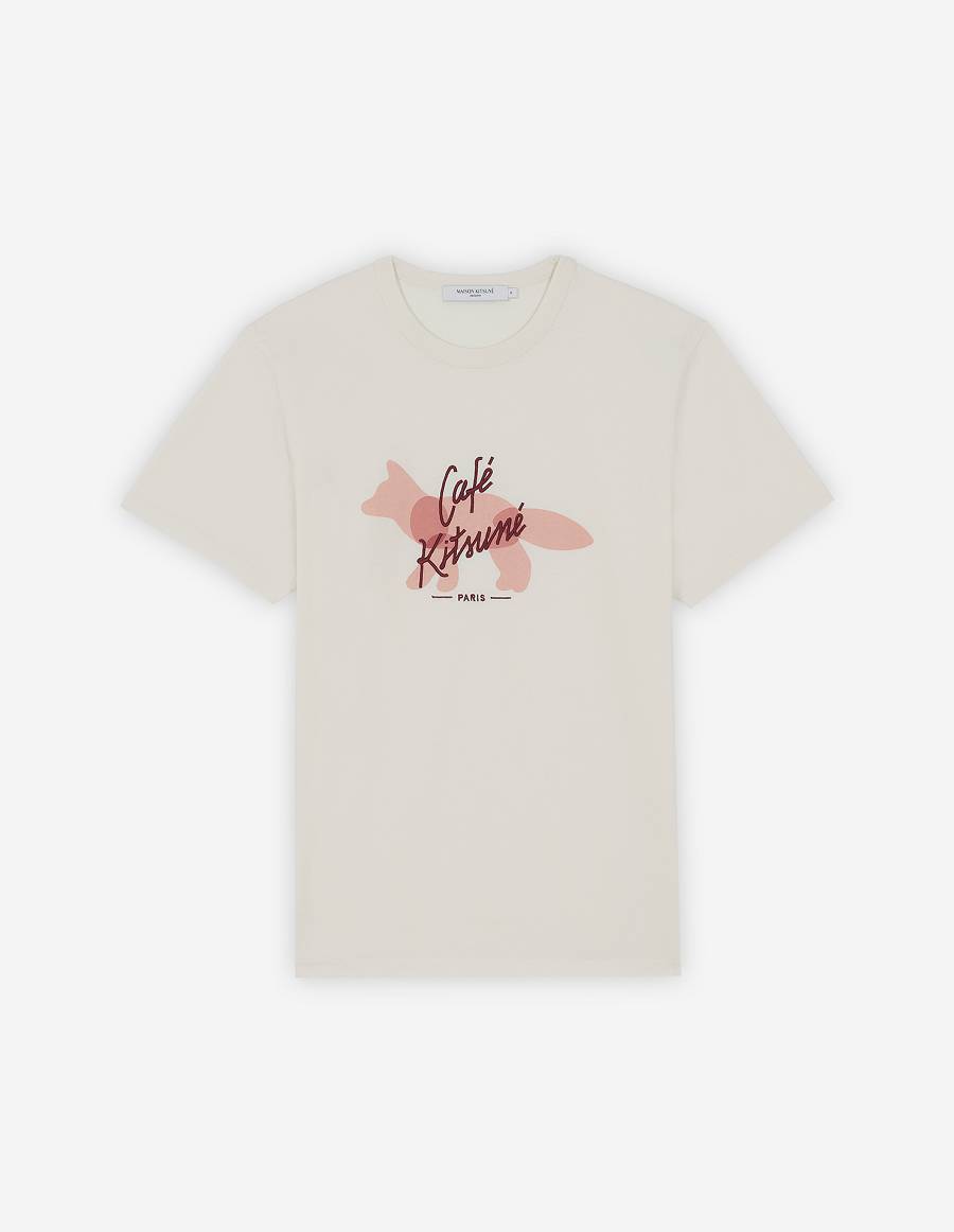 Beige Men\'s Maison Kitsune Fox Cafe Kitsune Classic T Shirts | AU-K0824