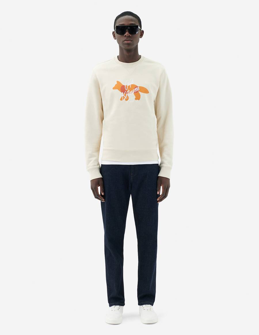 Beige Men's Maison Kitsune Fox Cafe Kitsune Classic Sweatshirts | AU-Q0583