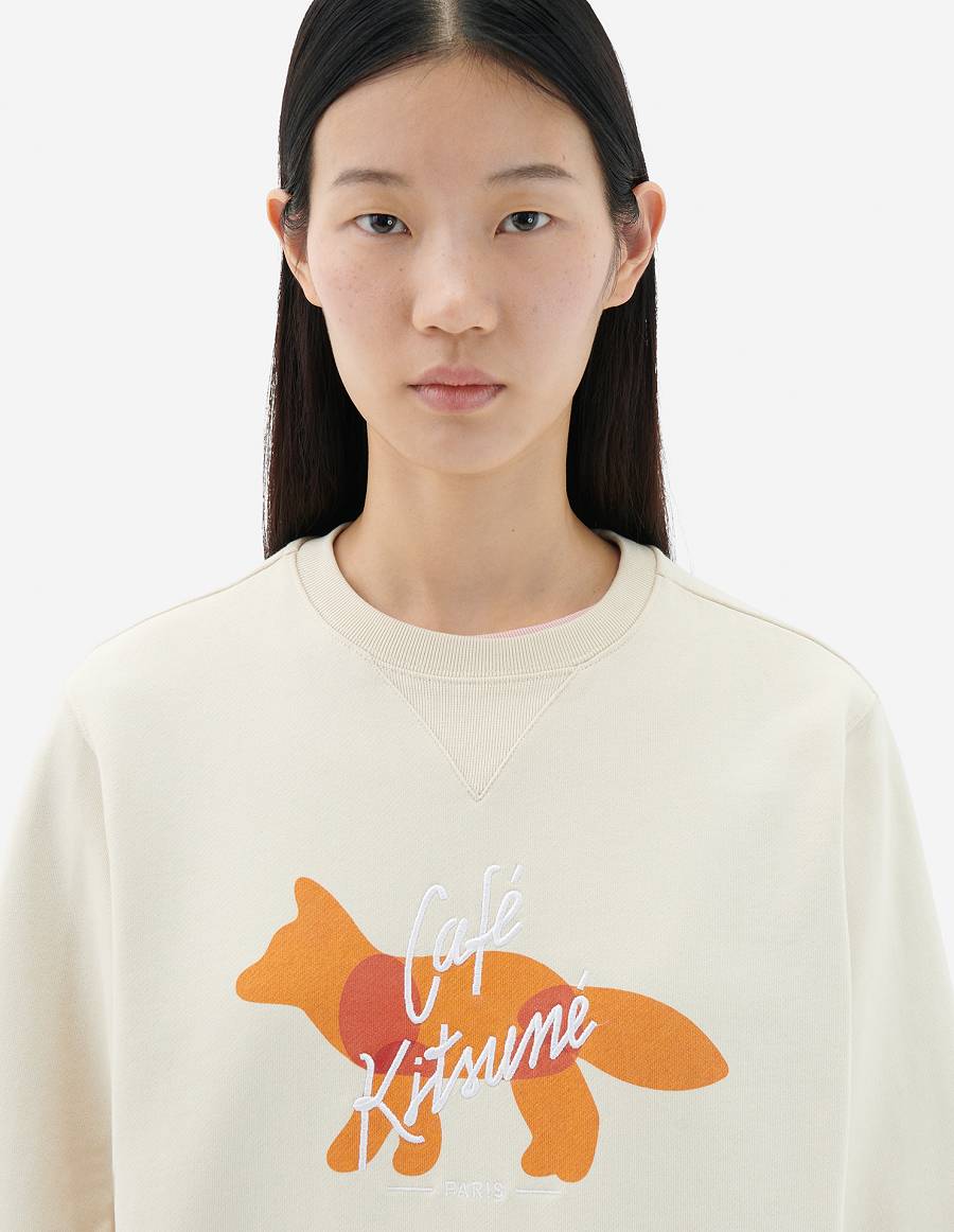 Beige Men's Maison Kitsune Fox Cafe Kitsune Classic Sweatshirts | AU-Q0583