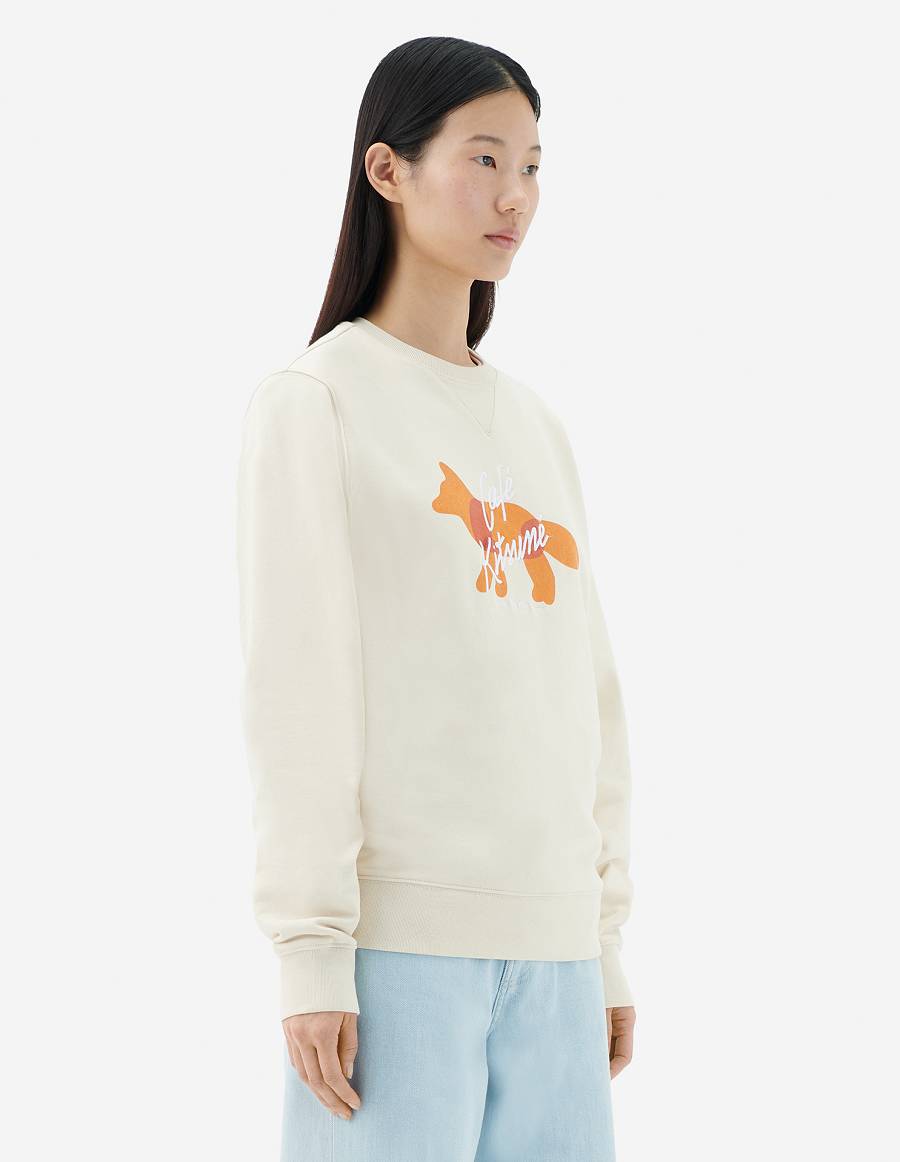 Beige Men's Maison Kitsune Fox Cafe Kitsune Classic Sweatshirts | AU-Q0583