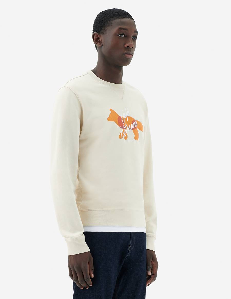 Beige Men's Maison Kitsune Fox Cafe Kitsune Classic Sweatshirts | AU-Q0583