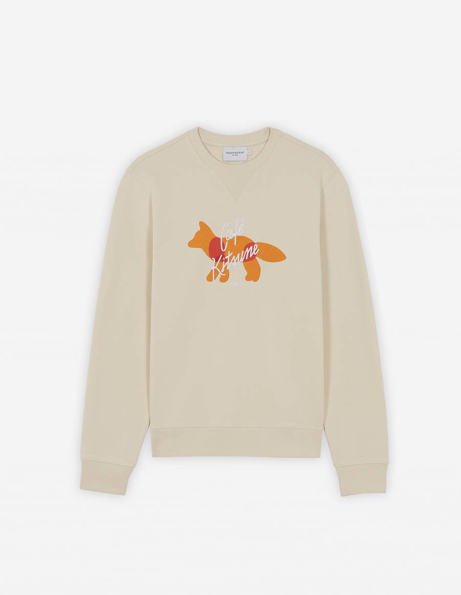 Beige Men\'s Maison Kitsune Fox Cafe Kitsune Classic Sweatshirts | AU-Q0583