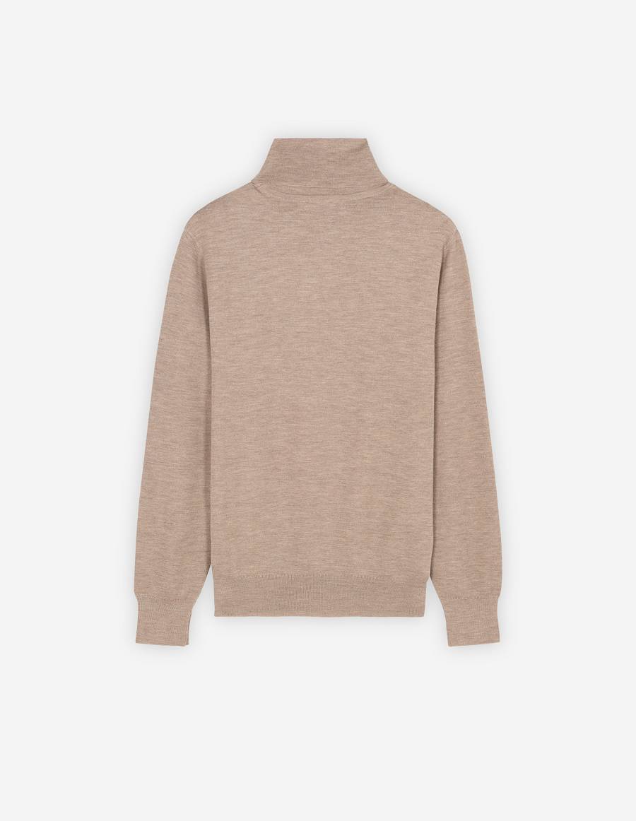 Beige Men's Maison Kitsune Fox Head Patch Turtleneck Sweaters | AU-Y0991