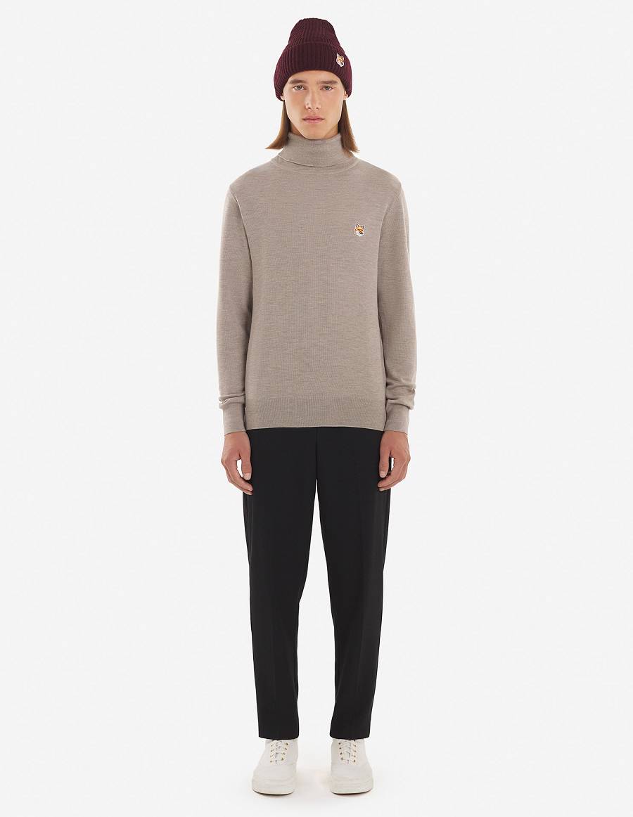 Beige Men's Maison Kitsune Fox Head Patch Turtleneck Sweaters | AU-Y0991