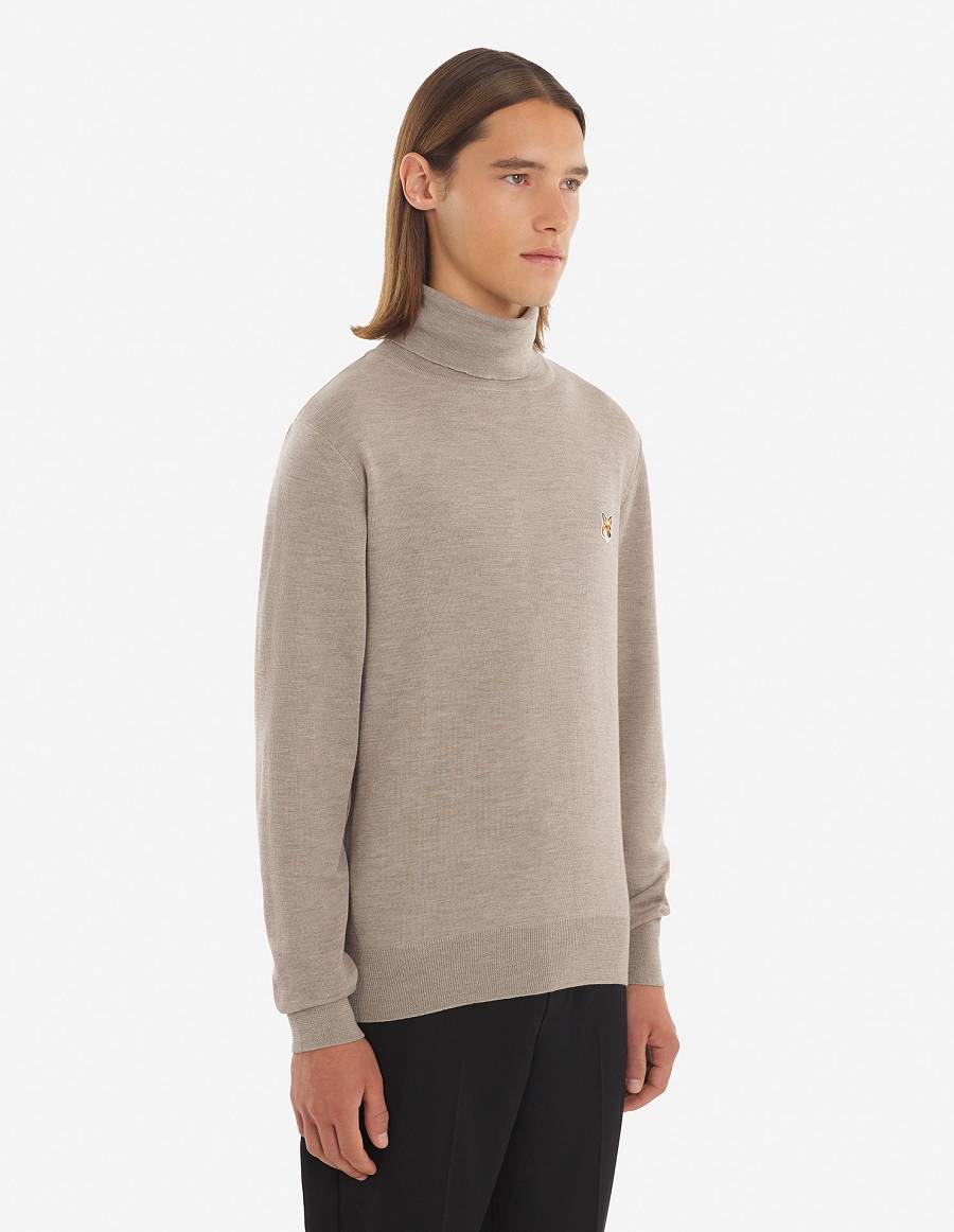 Beige Men's Maison Kitsune Fox Head Patch Turtleneck Sweaters | AU-Y0991