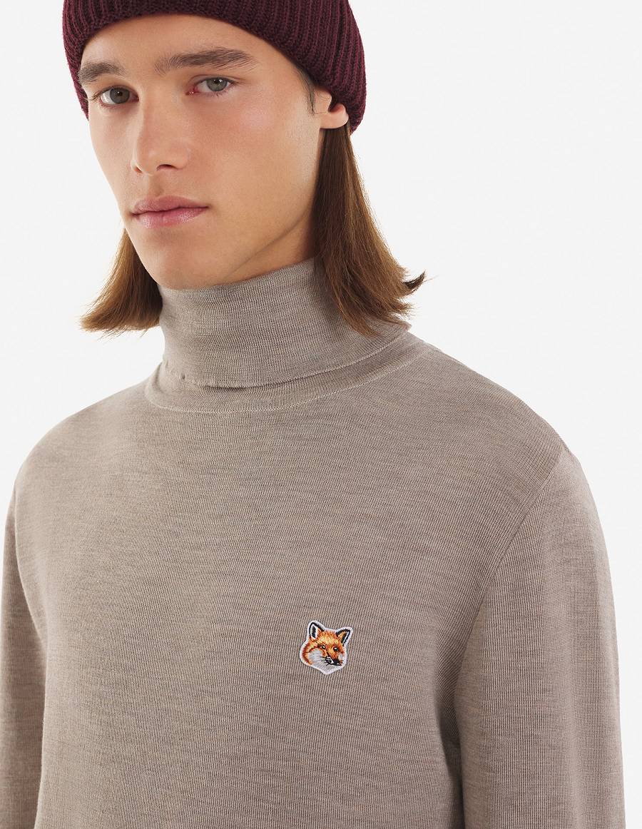 Beige Men's Maison Kitsune Fox Head Patch Turtleneck Sweaters | AU-Y0991