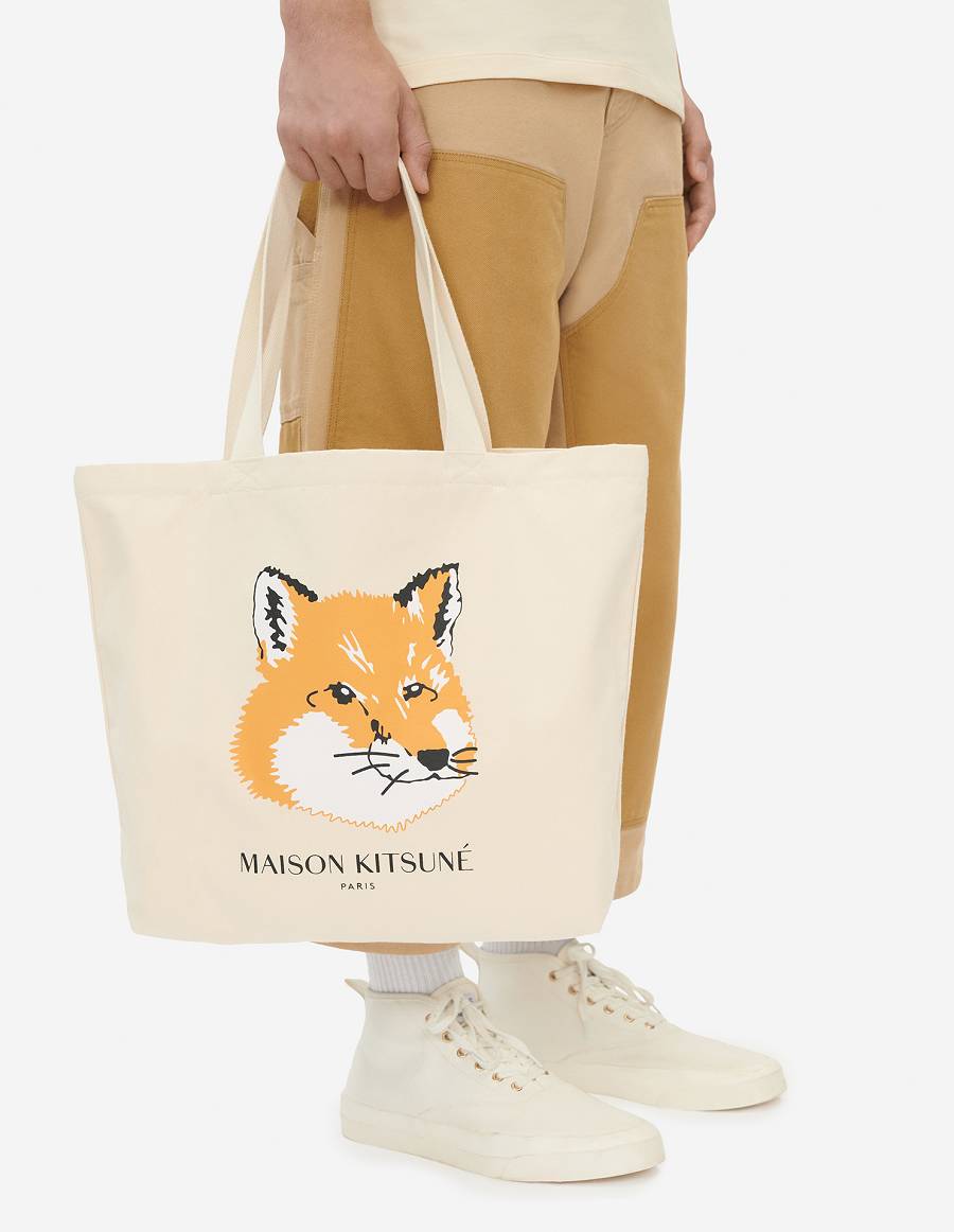 Beige Men's Maison Kitsune Fox Head Tote Bags | AU-J0860