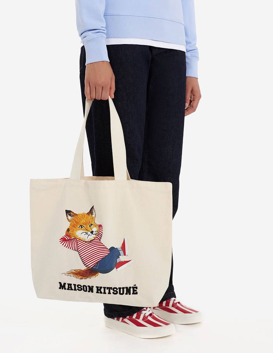 Beige Men's Maison Kitsune Frenchie Dressed Fox Tote Bags | AU-G0452