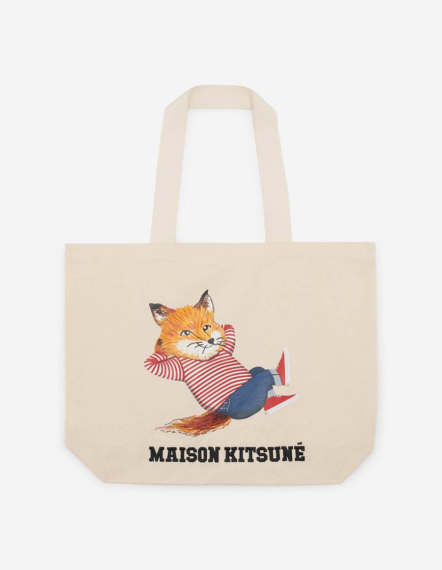 Beige Men\'s Maison Kitsune Frenchie Dressed Fox Tote Bags | AU-G0452