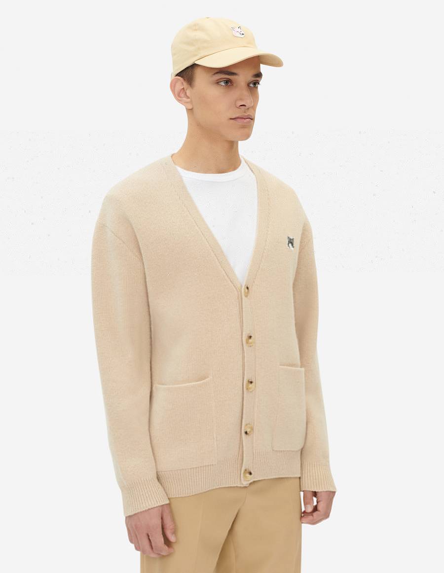 Beige Men's Maison Kitsune Grey Fox Head Patch Relaxed Cardigan | AU-C0144