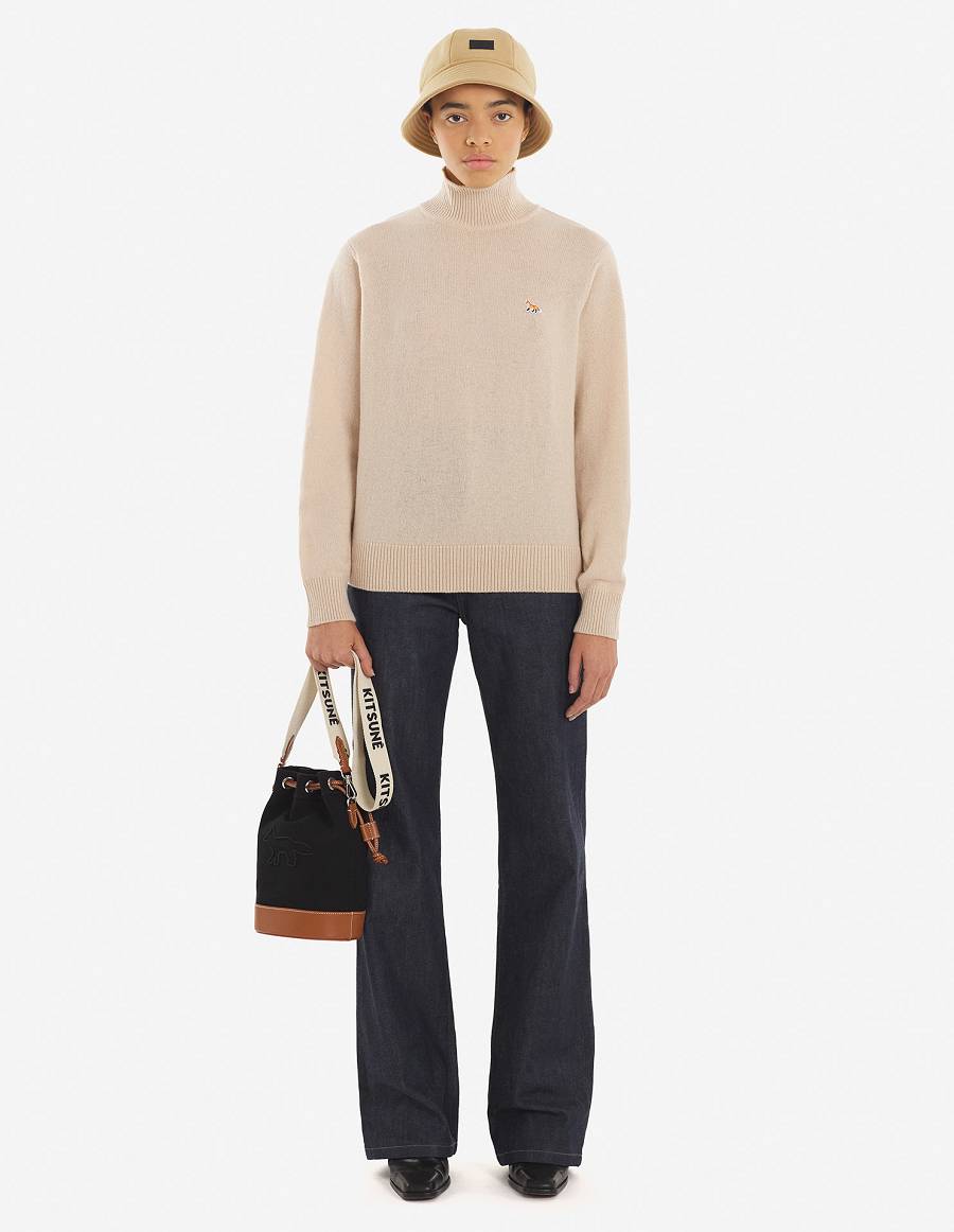 Beige Women's Maison Kitsune Baby Fox Patch Boxy Turtleneck Sweaters | AU-M0544