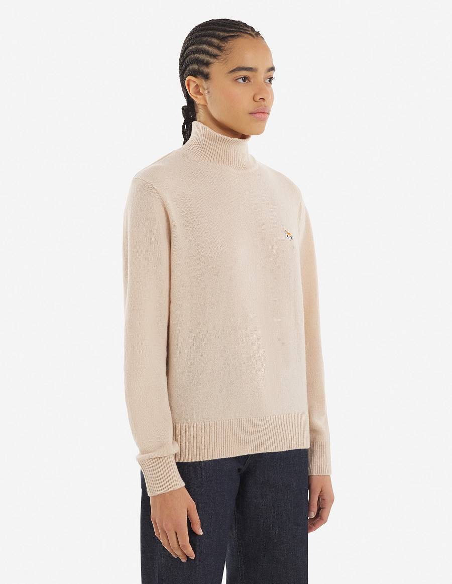 Beige Women's Maison Kitsune Baby Fox Patch Boxy Turtleneck Sweaters | AU-M0544