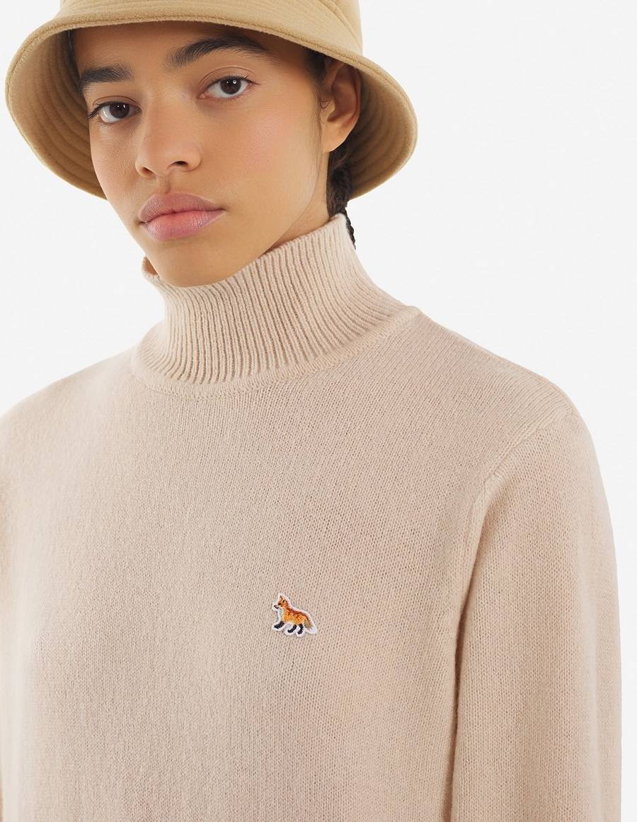 Beige Women's Maison Kitsune Baby Fox Patch Boxy Turtleneck Sweaters | AU-M0544