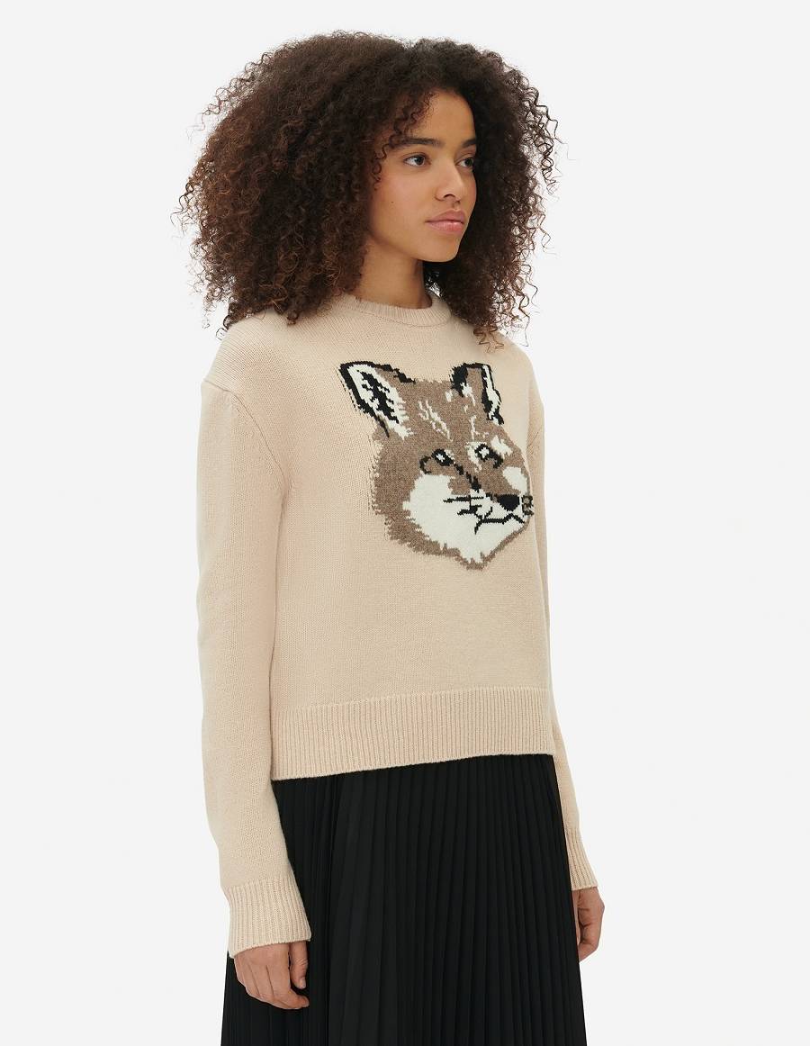 Beige Women's Maison Kitsune Big Fox Head Sweaters | AU-G0965