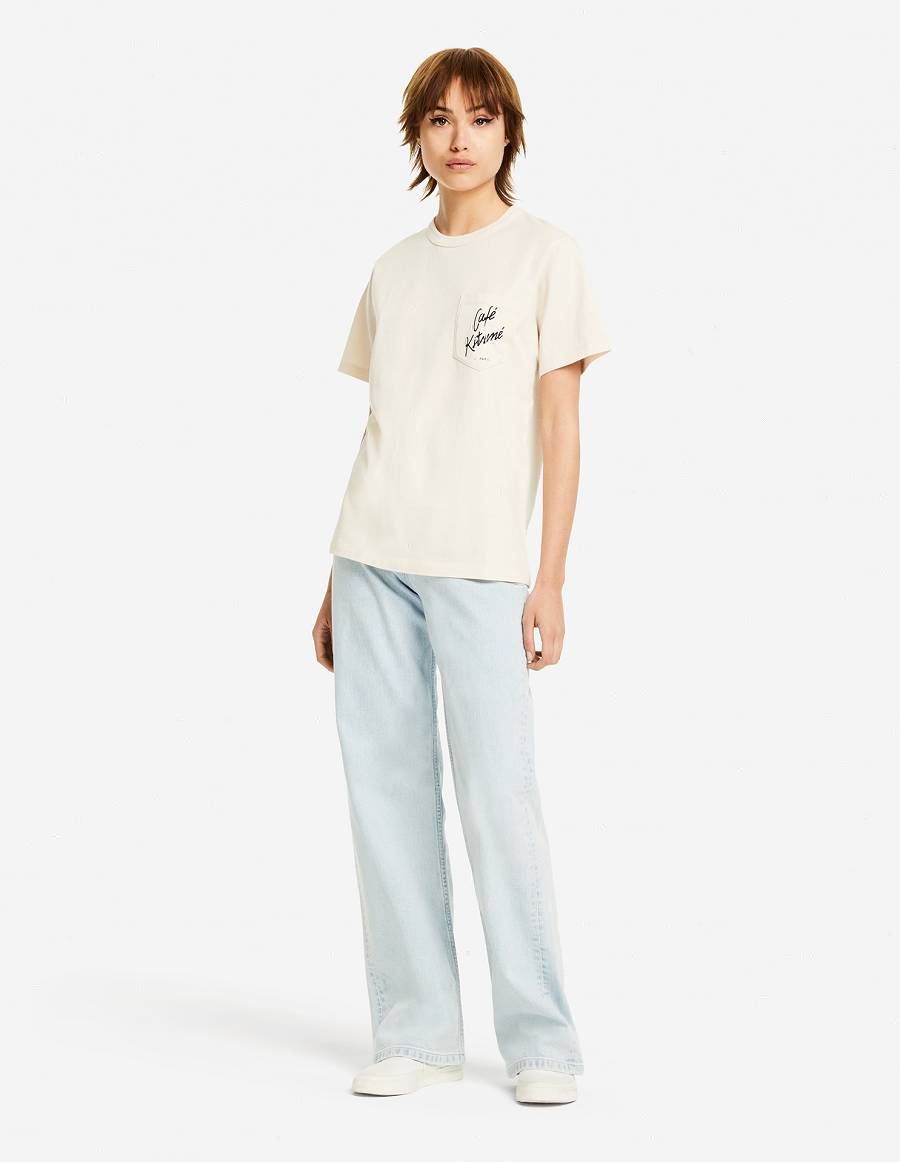 Beige Women's Maison Kitsune Cafe Kitsune Classic Pocket T Shirts | AU-U0760