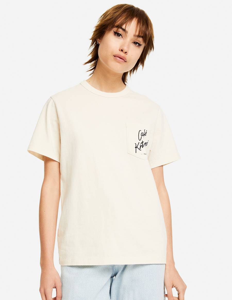 Beige Women's Maison Kitsune Cafe Kitsune Classic Pocket T Shirts | AU-U0760