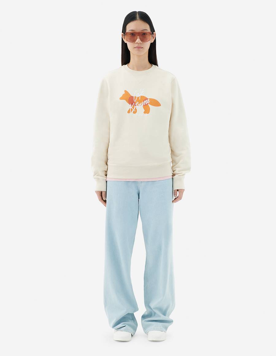 Beige Women's Maison Kitsune Fox Cafe Kitsune Classic Sweatshirts | AU-L691