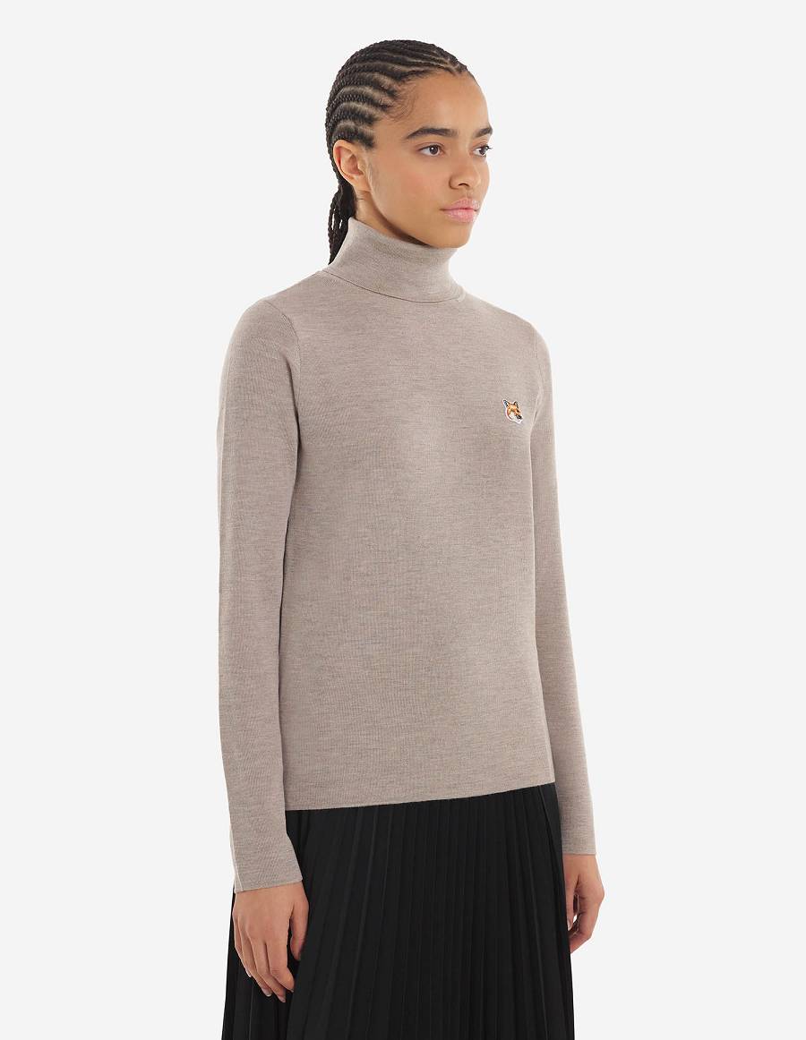 Beige Women's Maison Kitsune Fox Head Patch Fitted Turtleneck Sweaters | AU-U0528