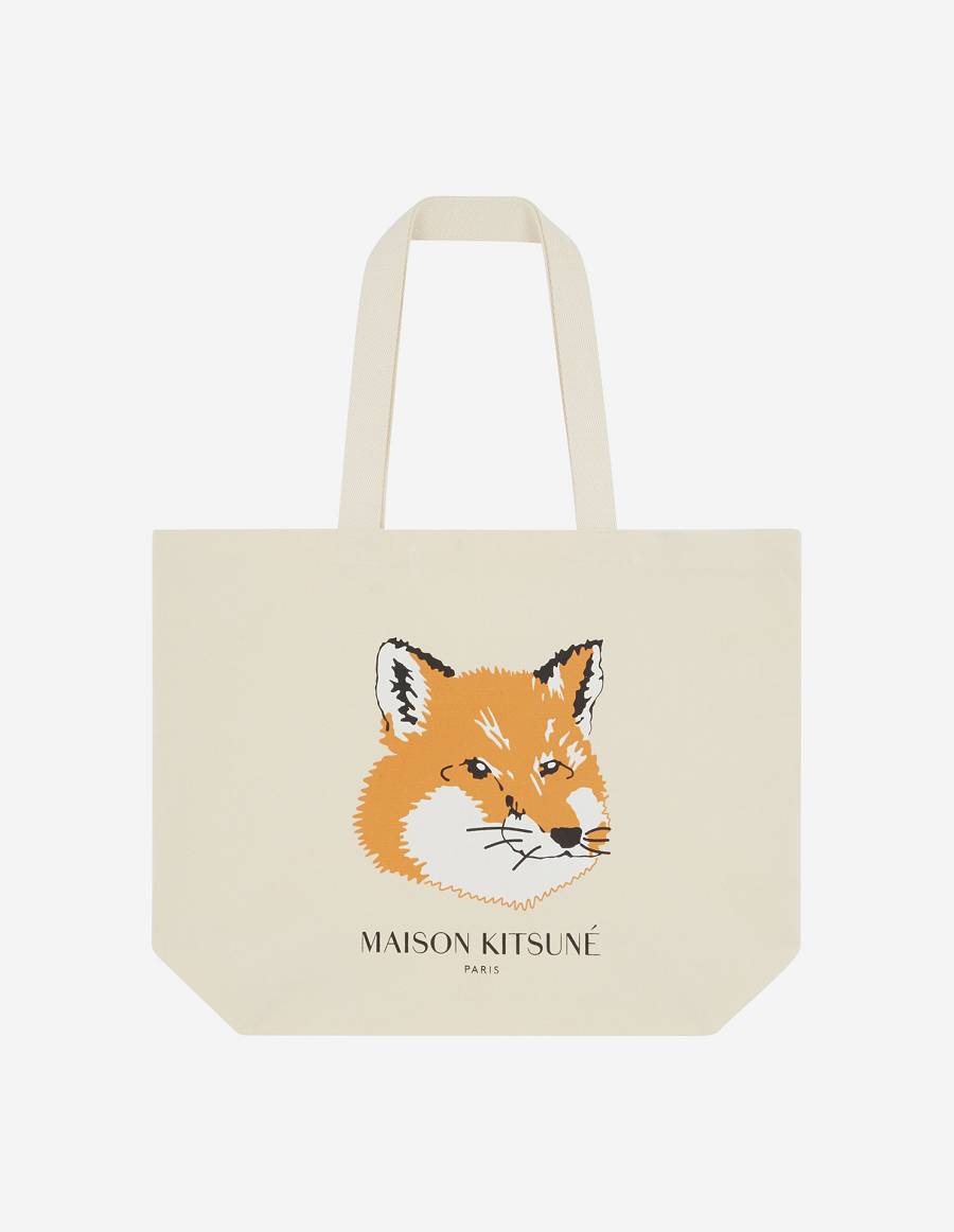 Beige Women\'s Maison Kitsune Fox Head Tote Bags | AU-M0852