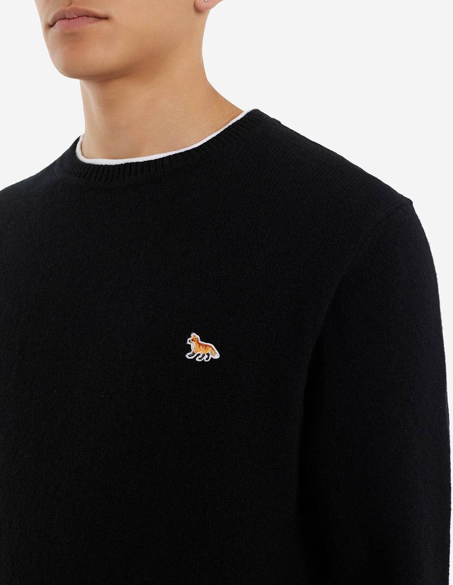 Black Men's Maison Kitsune Baby Fox Patch Cosy R-neck Sweaters | AU-K0679