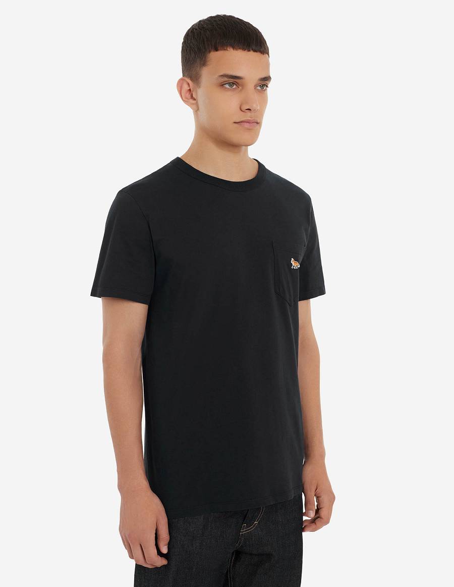 Black Men's Maison Kitsune Baby Fox Patch Pocket T Shirts | AU-Q0340