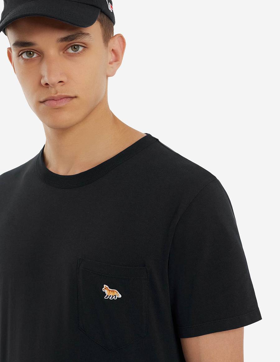 Black Men's Maison Kitsune Baby Fox Patch Pocket T Shirts | AU-Q0340