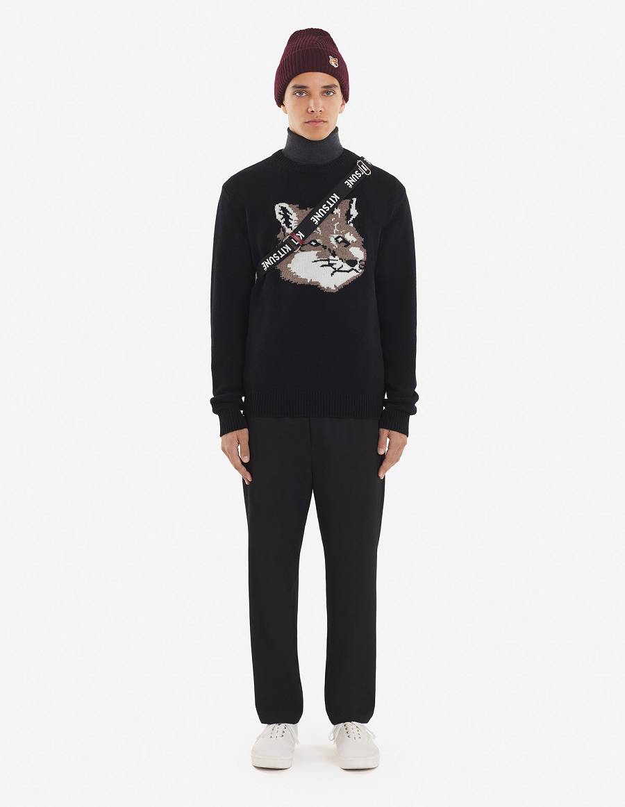 Black Men's Maison Kitsune Big Fox Head Classic Sweaters | AU-Q0322