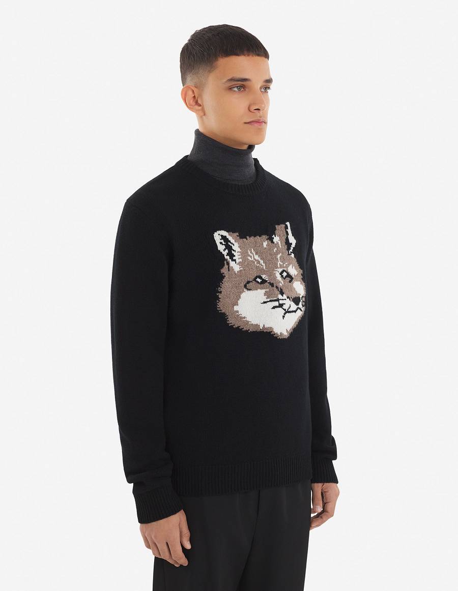 Black Men's Maison Kitsune Big Fox Head Classic Sweaters | AU-Q0322