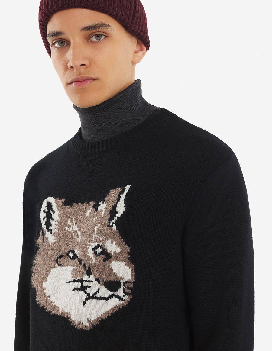 Black Men's Maison Kitsune Big Fox Head Classic Sweaters | AU-Q0322