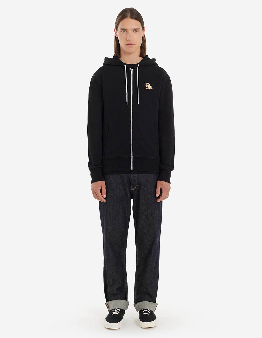 Black Men's Maison Kitsune Chillax Fox Patch Zipped Hoodies | AU-L0M40