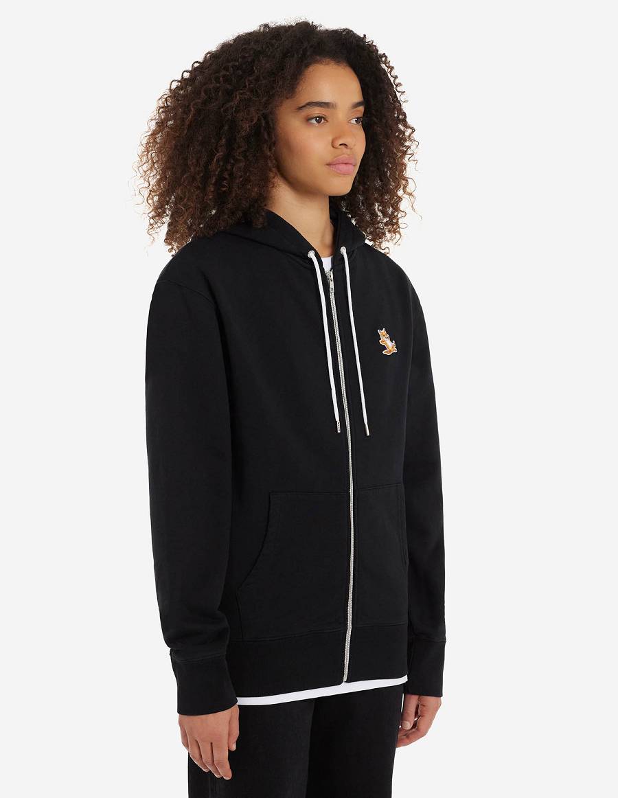 Black Men's Maison Kitsune Chillax Fox Patch Zipped Hoodies | AU-L0M40