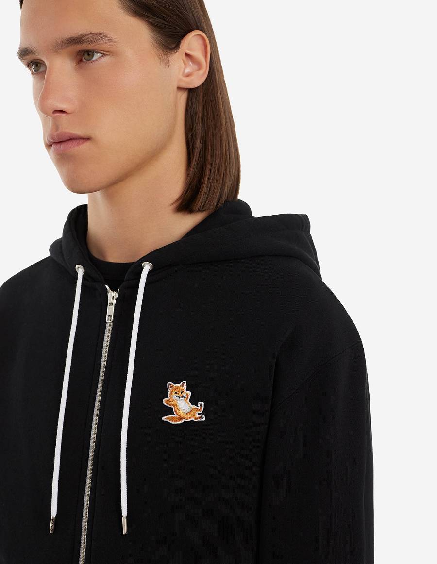 Black Men's Maison Kitsune Chillax Fox Patch Zipped Hoodies | AU-L0M40