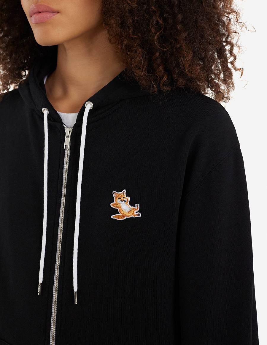 Black Men's Maison Kitsune Chillax Fox Patch Zipped Hoodies | AU-L0M40