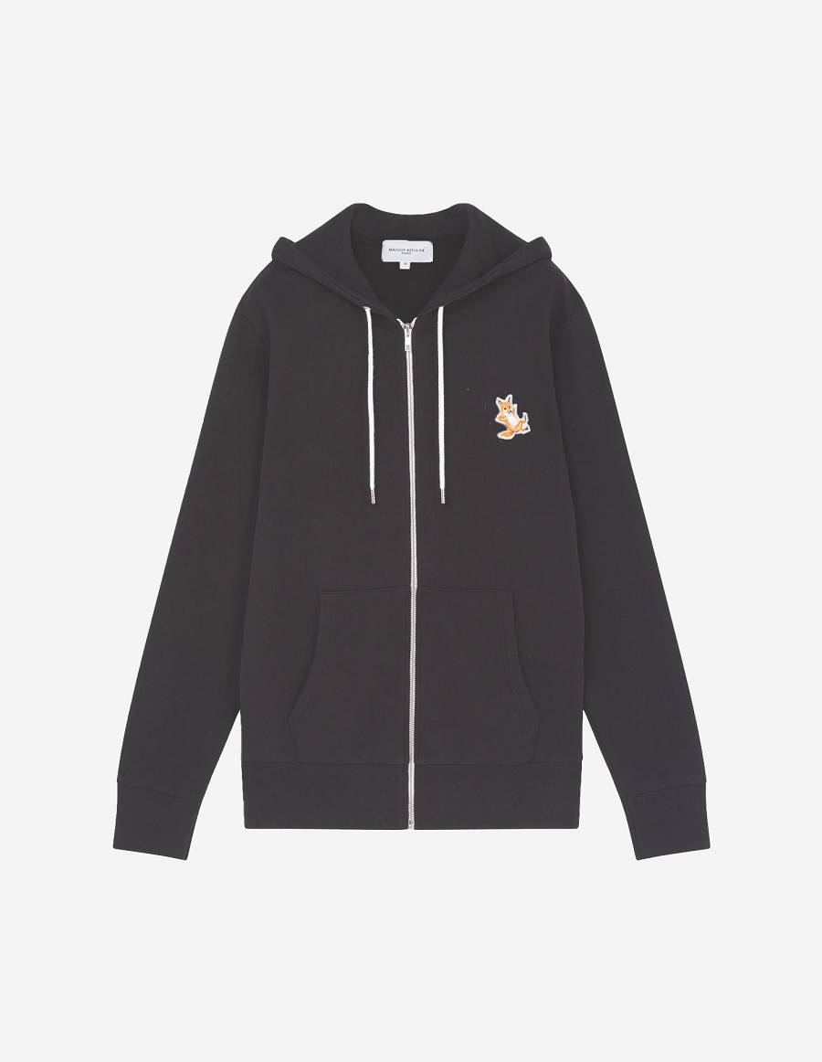 Black Men\'s Maison Kitsune Chillax Fox Patch Zipped Hoodies | AU-L0M40