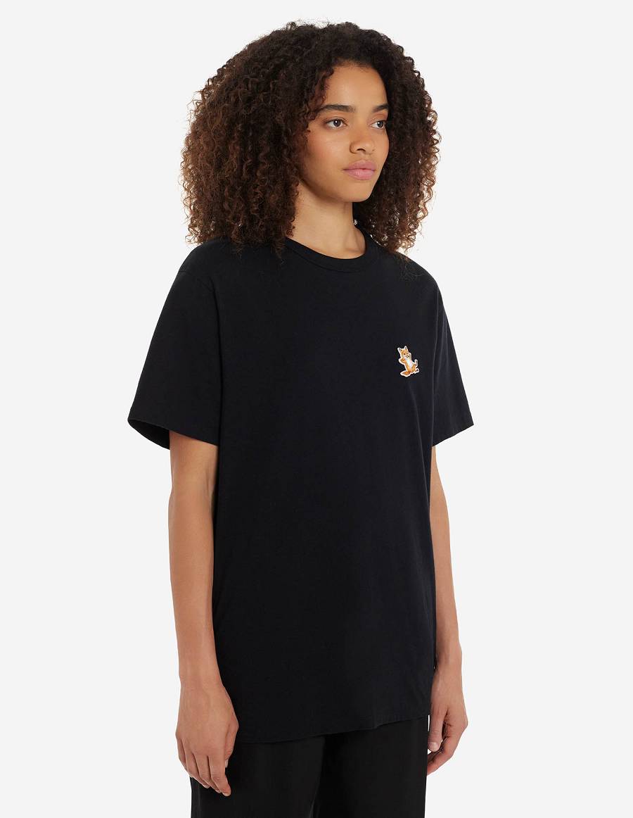 Black Men's Maison Kitsune Chillax Fox Patch Classic T Shirts | AU-X0841