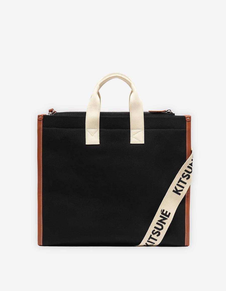 Black Men's Maison Kitsune Contour Fox E/W Tote Bags | AU-S0793