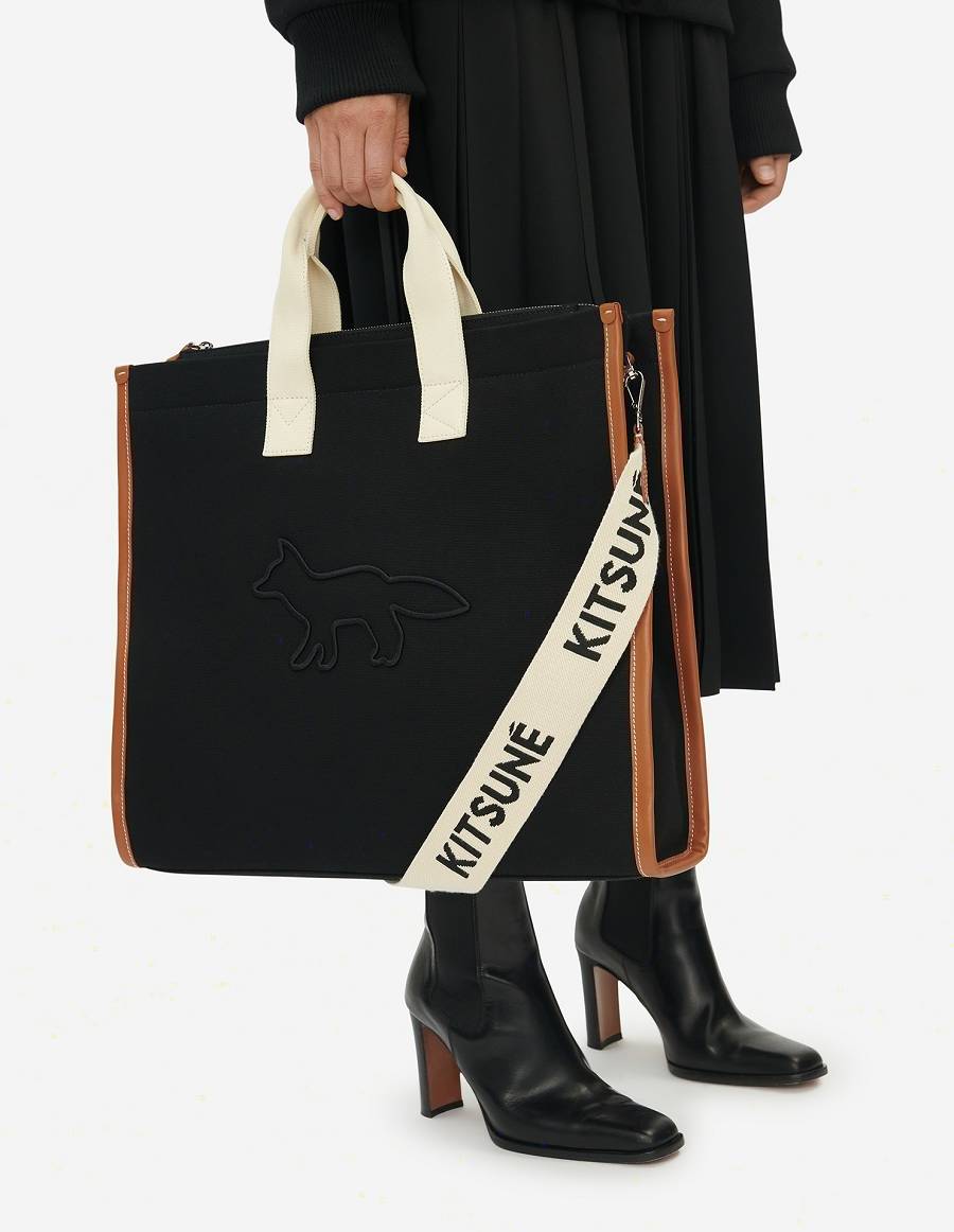 Black Men's Maison Kitsune Contour Fox E/W Tote Bags | AU-S0793