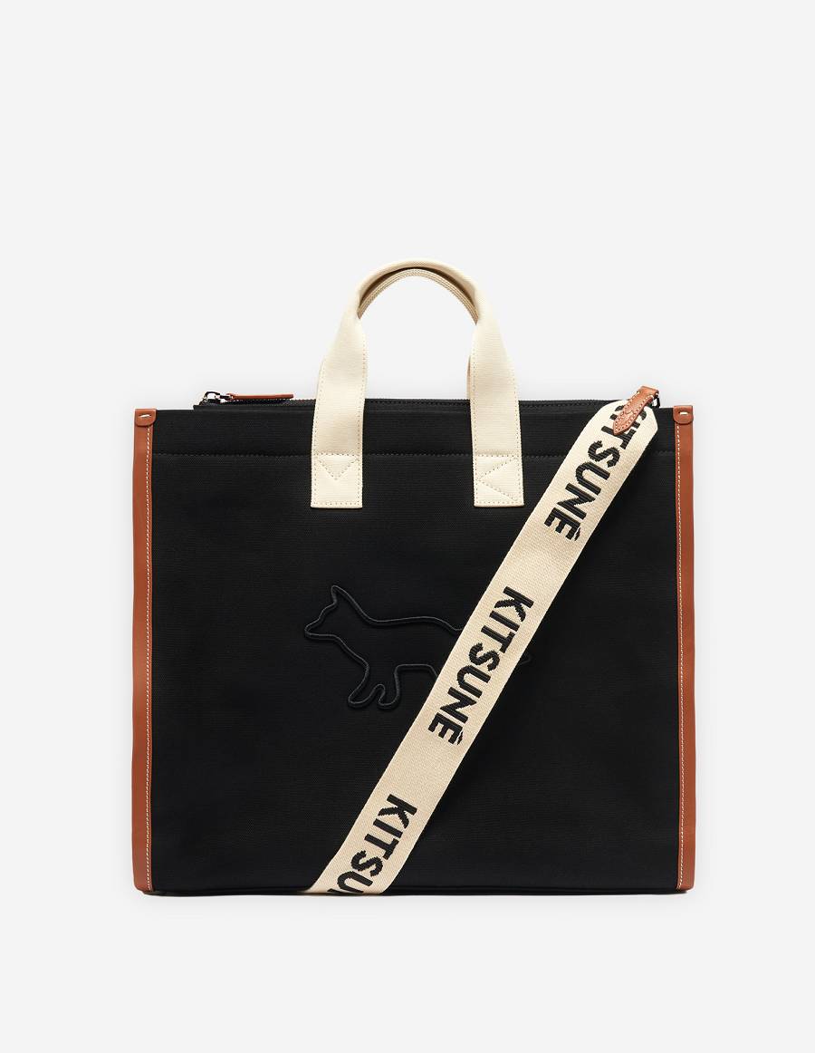 Black Men\'s Maison Kitsune Contour Fox E/W Tote Bags | AU-S0793